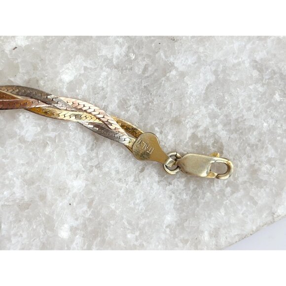 Italian HerringboneYellow Gold, Rose Gold & Silver 925 Vintage Bracelet - 7" - Picture 9 of 10